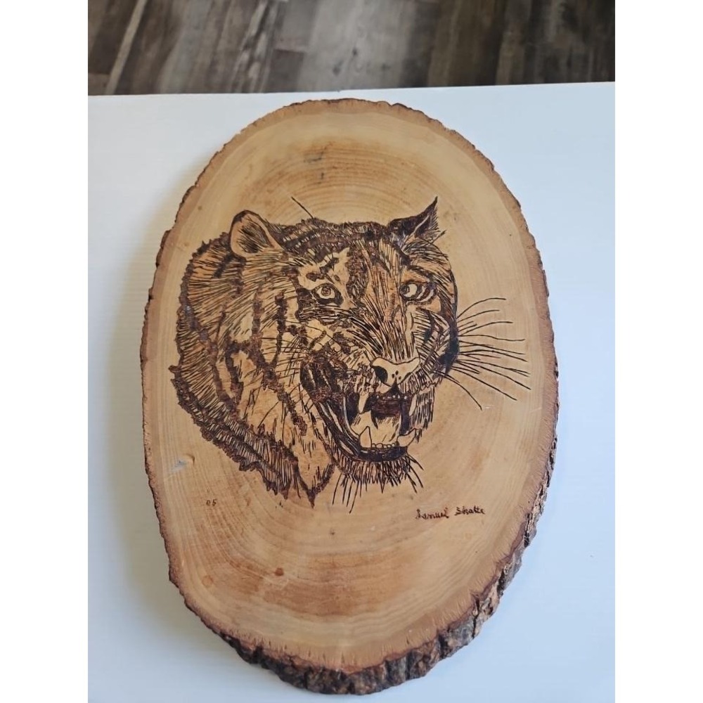 Tiger Woodburning Art on Live Edge Wood Slice Signed Pyrography by Samuel Shatte